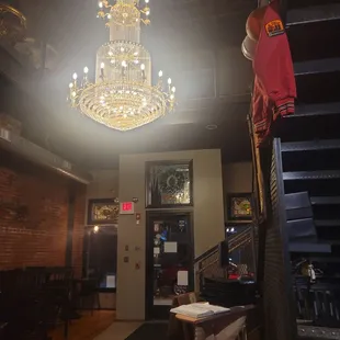 a chandelier in the background