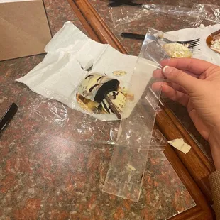 Gateaux au chocolate pastry. They left the acetate sheet on.