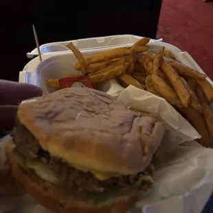 Cheeseburger and spicy fries