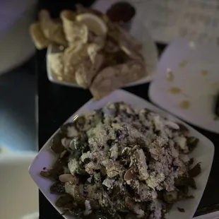 Eggplant Chips (back) and fried brussels (front)