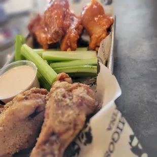 Wings (my friend got these). Lemon pepper, and buffalo with chipotle ranch (not vegan).