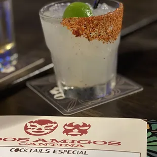 Skinny Rock a Rita  -Topo Chico, lime juice Teremana Repaosado tequila with a Tajin rim! Yum!-basically a Ranch Water!