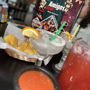 Strawberry margarita, chips, and salsa