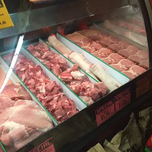 All types of pork meat pork chops, porky ribs, ect.