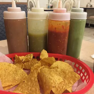 Four different salsas one of them with zero spice! Great variety for all!