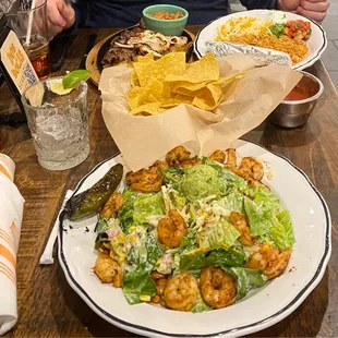 Monterrey bowl with grilled shrimp added., in the forefront.  The grilled jalapeño came from hubby&apos;s fajita combo.