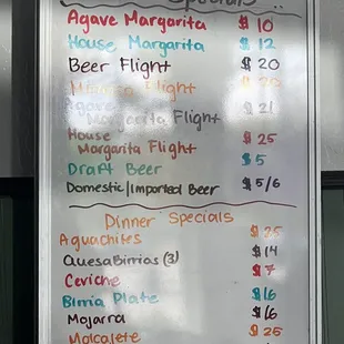 a menu for drinks