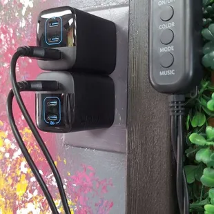 Electric outlets and USB plugins.