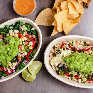 two bowls of mexican food with tortilla and guacamole