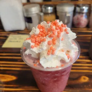 Wildberry Smoothie with Strawberry boba, whipped cream and nerds