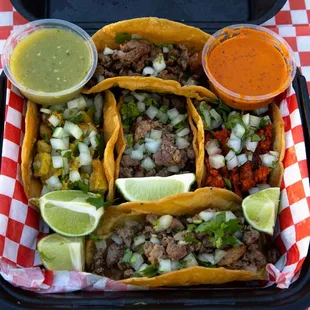 Carne asada, Chicken, Chorizo, and Carnitas tacos