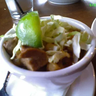 Red Chile Pork Posole - roasted pork and hominy in red chile broth