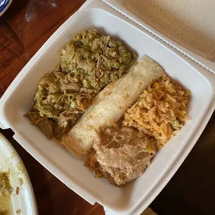 Huge portions so I took the rest home. Chile verde, tortillas, rice and beans.