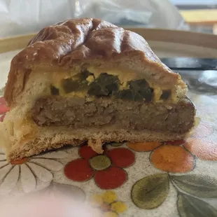 Vegetarian sausage, cheese, jalapeño kolache. Packed with peppers; we both thought this was really tasty. 28DEC23