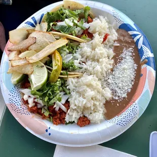 Chorizo taco plate w rice and beans.