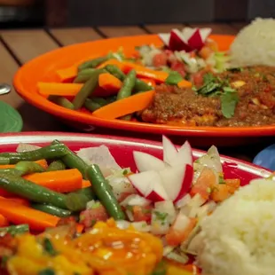 Camarones rancheros and chicken dinner