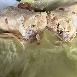 Bacon egg cheese potato bean and sour cream