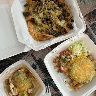 Top: Carne asada nachos  Bottom: chicken taco  Middle: rolled tacos