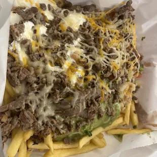Carne Asada Fries Beans, cheese, guacamole, sour cream, pico de gallo, any meat.