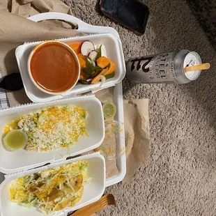 3 rolled tacos with lettuce, guacamole, and cheese, 2 shredded beef tacos ( IGNORE THE BEER , long long day at work lol).