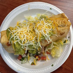 Asada Chimichanga with guacamole, cheese, lettuce and Pico de Gallo $9.50