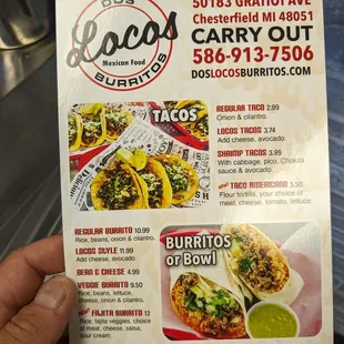 menu, tacos