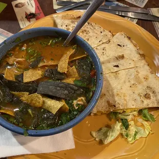 Chicken tortilla soup and quesadillas.