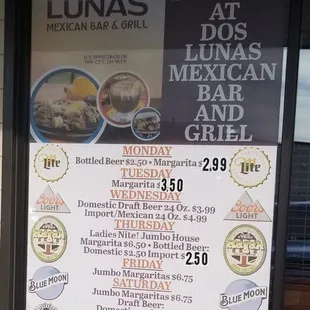 Weekly drink specials for those interested