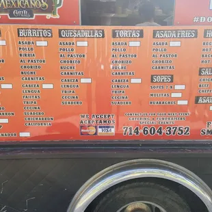 Just looking at this menu makes my mouth water. I tell u every time I take a bit of the asada or tripa tacos it's a party in my mouth!!!!