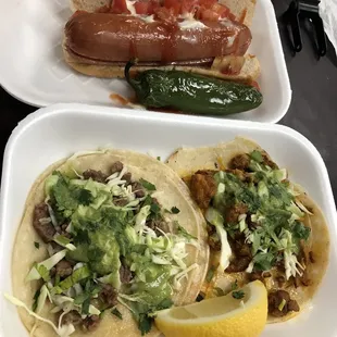 Hotdog and Asada/Pastor Tacos