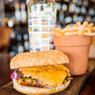 a cheeseburger and fries