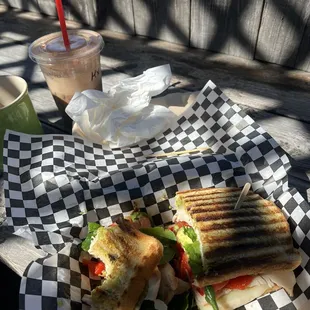 Iced Mexican mocha and turkey pesto panini