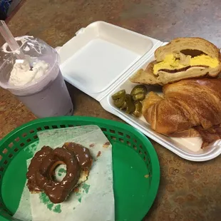 Fresh made chocolate old fashion, taro shake, &amp; bfast sandwich!