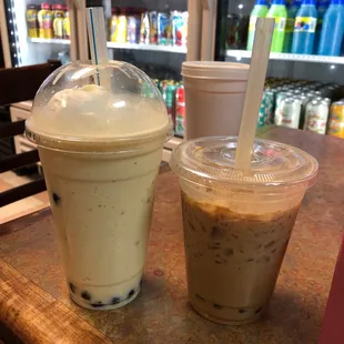 Fresh banana boba and iced coffee