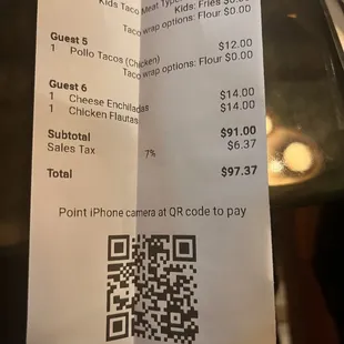 The bill for 6 including 4 kids
