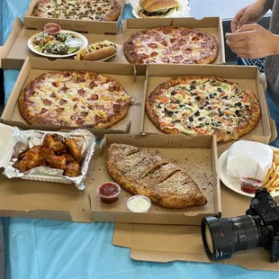 Pizzas and stretched dough