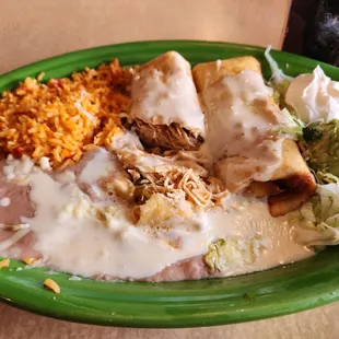 Chicken chimicganga meal.