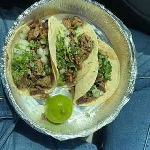 3 tacos Carne Asada