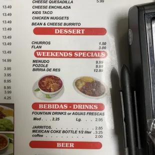 Kids meals, desserts, weekend specials, drinks and beer