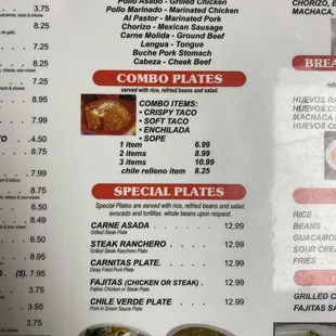 Meat choices, combo plates, special plates