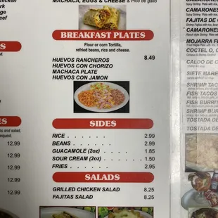 Breakfast burritos, breakfast plates, sides, salads