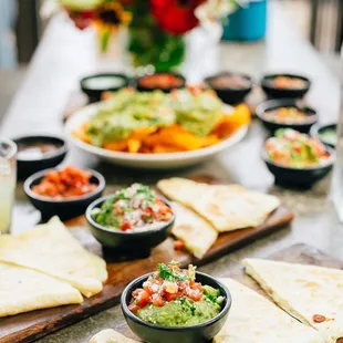 tortillas, guacamole, and salsa