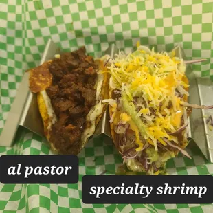 Taco al pastor (toppings not on yet) &amp; specialty shrimp taco