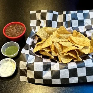 Complimentary Chips, Salsa, Salsa Verde and Garlic Sauce