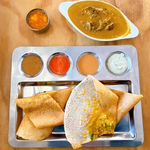Masala Dosa ($12) w/ cheese (+$2), sambar, chutneys: ginger, tomato, peanut, coconut + Goat Shahi Korma ($17)