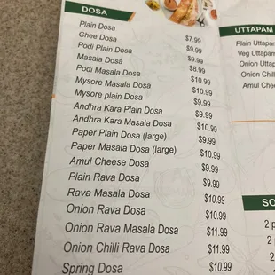 Dosa menu