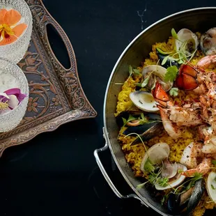 PAELLA FOR TWO lobster, seared shrimp, fresh clams, saffron rice