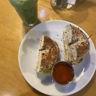 Matcha latte and spicy egg sandwich