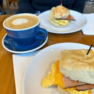 Egg and cheese biscuits with ham. Rosemary biscuit with ham. Lavender honey latte.