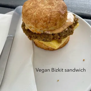 Vegan Bitkit Sandwich [$13] - Be Hive sausage, JUST Egg, vegan remoulade.